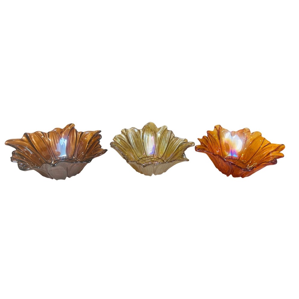 Vintage Iridescent Carnival Glass Sunflower Bowls Set of 3 Amber Brown Orange